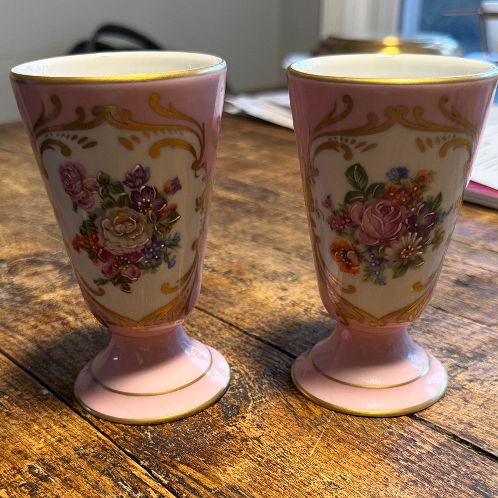 Elegant Limoges Vintage Pair of Floral  Pink and Cream Decorative Mazagrans